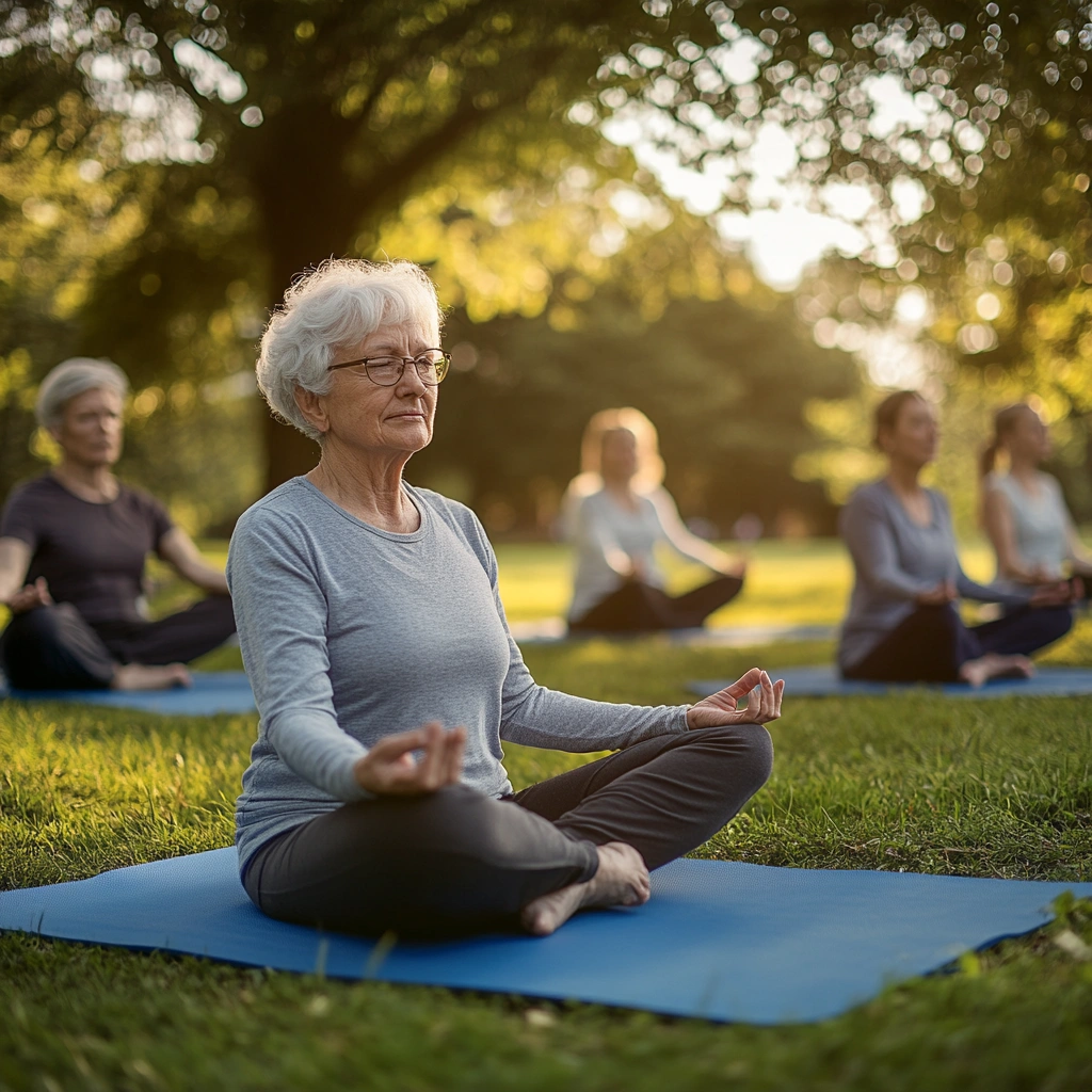 Пенсіонери практикують м'яку йогу в парку