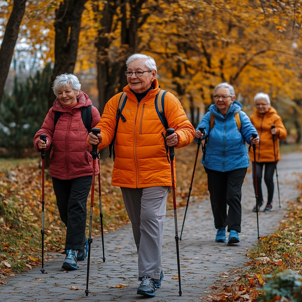 Група пенсіонерів займається скандинавською ходьбою в парку